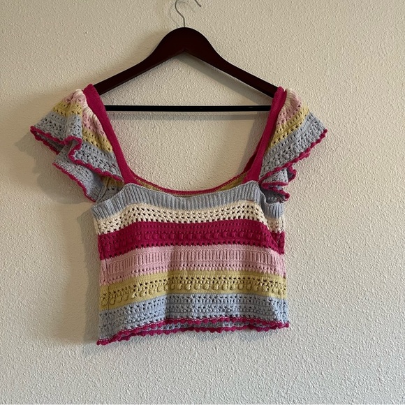 Sincerely Jules Boho Rainbow Stripe Crochet Flutter Sleeve Crop Top Size Small - Picture 7 of 11